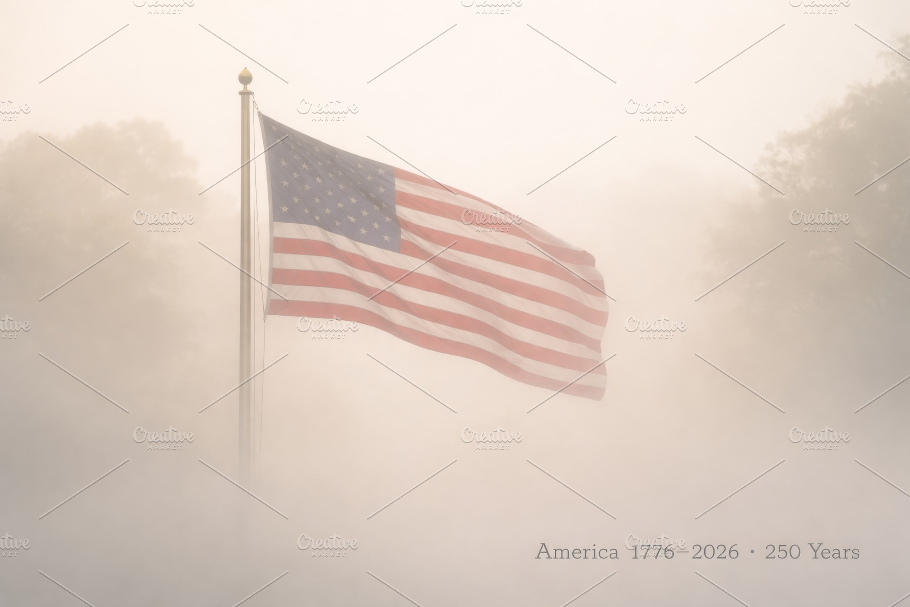 American flag waving in foggy settin, a Photo by Dvoevnore photos