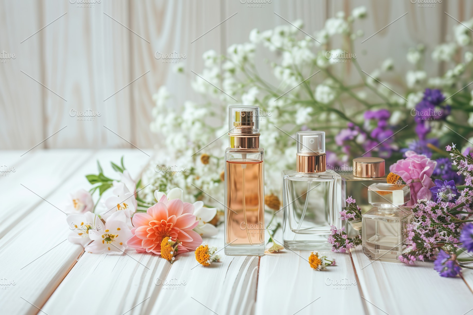 Different bottles of colorful perfume bottles with fresh flowers on wooden back, a Beauty & Fashion Photo by AlyaAnd