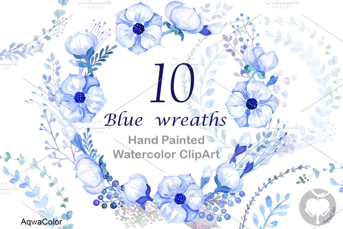 Watercolour clipart Blue Wreaths, a Decorative Illustration by AqwaColor (Photo 1 of 5)