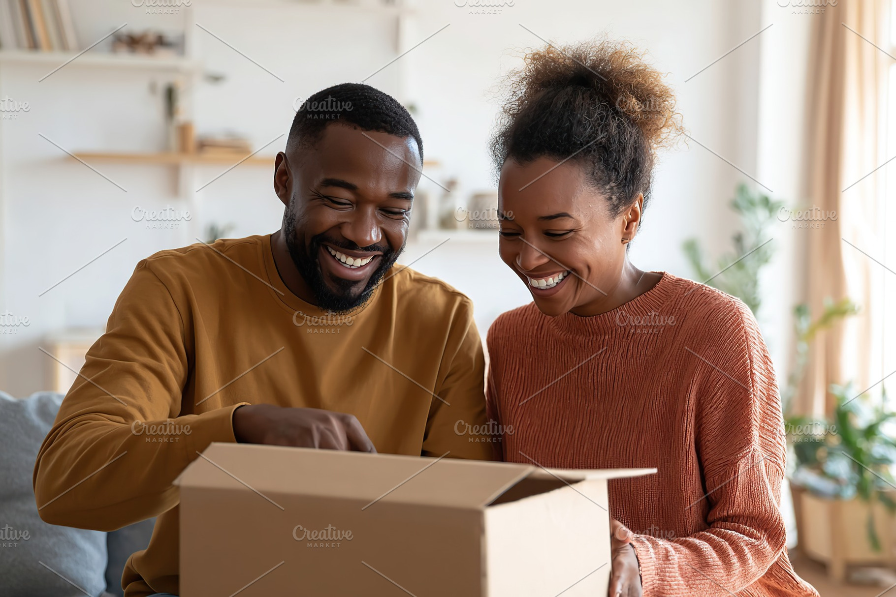 Happy couple unboxing a surprise gift in a cozy living room setting, a Photo by AlyaAnd