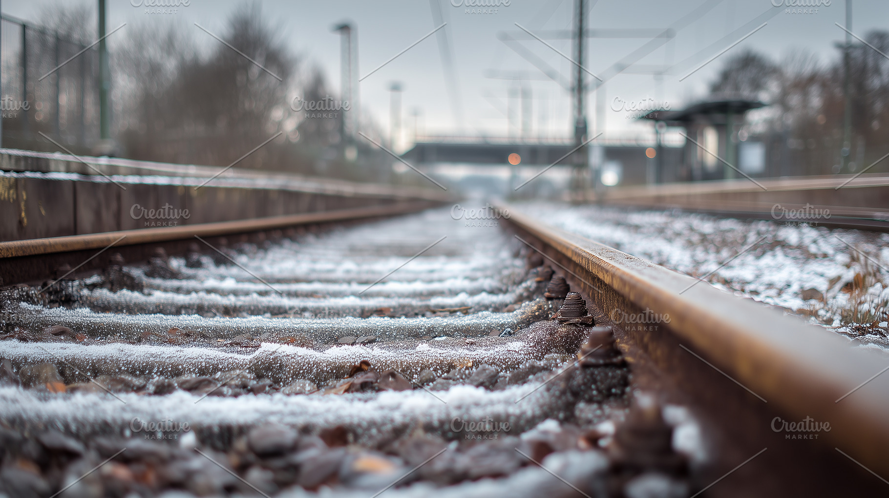 Close up view of icy railway tracks, a Transportation Photo by MistyDay