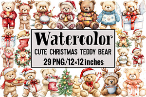 Cute Christmas Teddy Bear Clipart, an Illustration by Design Market