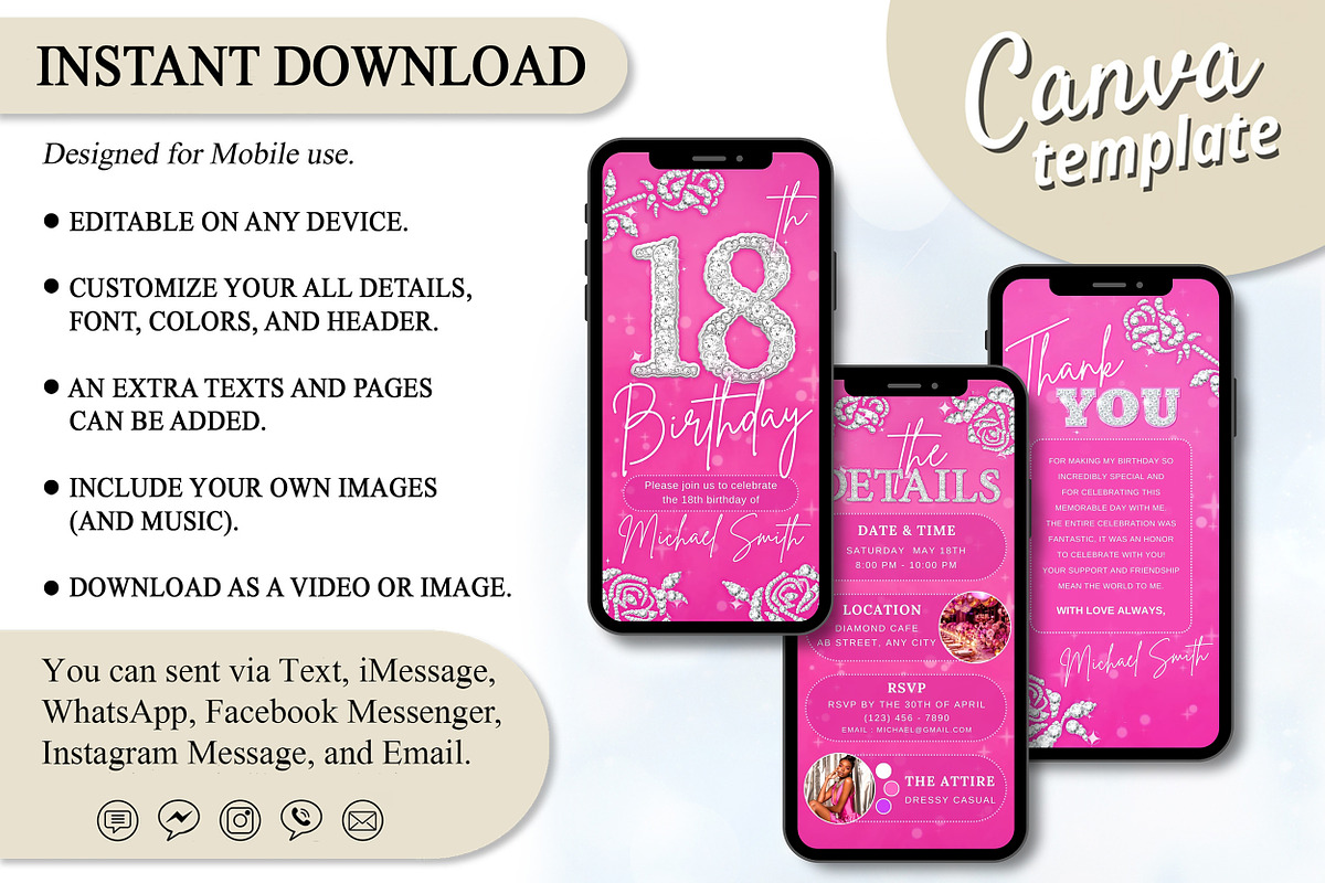 Editable Pink 18th BD Evite Template, an Invitation Template by V Design Creator (Photo 7 of 8)