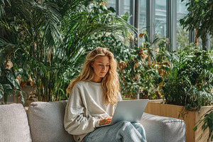 Blonde woman working on laptop surro, a Photo by Pixeness Studio