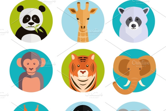 Cute Animals In Colored Round Badges