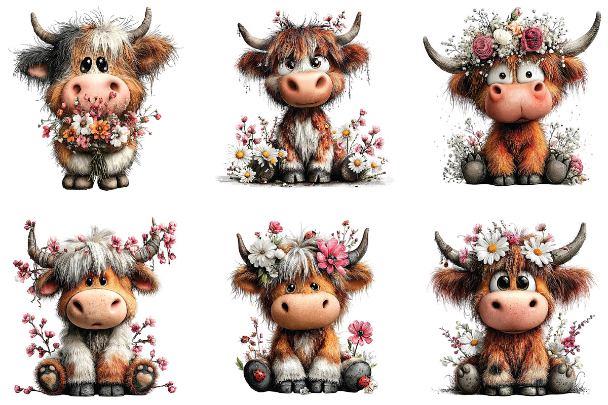 Whimsical Highland Cow Floral Clipar, an Illustration by CraftArtStudio (Photo 3 of 6)