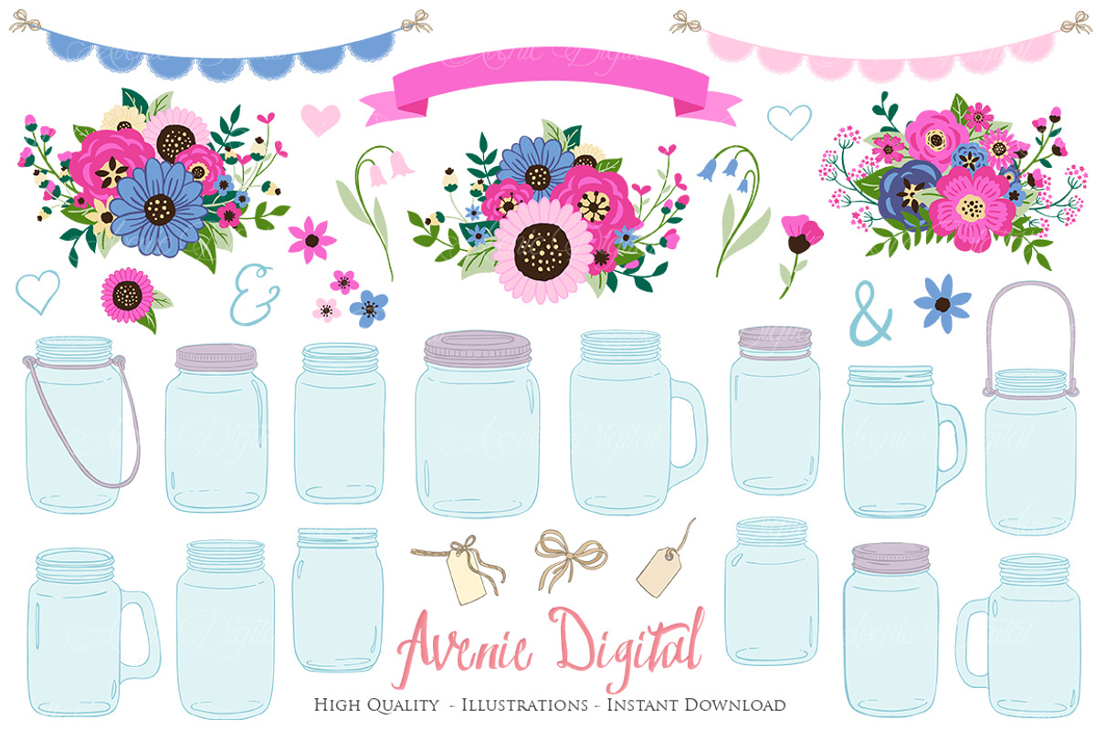 Pink and Navy Mason Jar Cliparts, an Illustration by Avenie Digital (Photo 1 of 2)