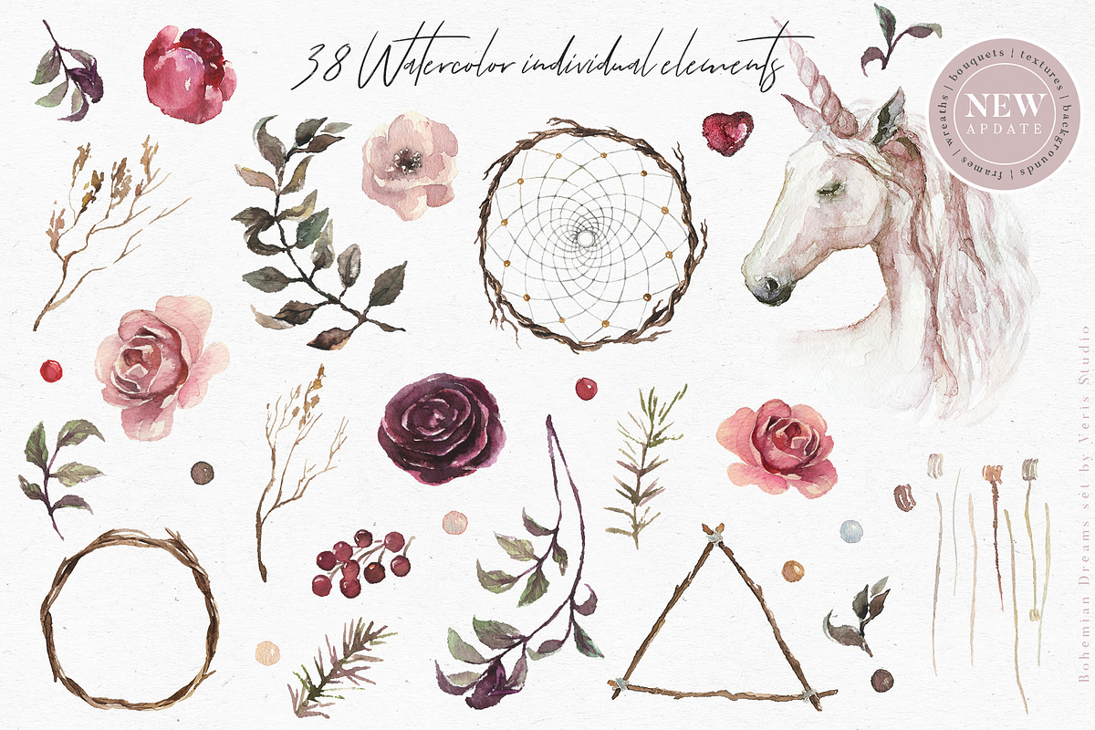 Watercolor Boho Floral Unicorn Set, a Decorative Illustration by Veris Studio (Photo 12 of 15)