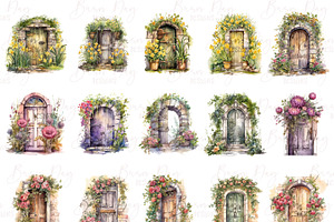 Watercolor Floral Doors Clipart