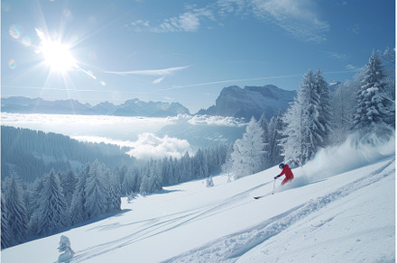 Skier enjoying the view of a sunny, a Sports & Recreation Photo by Ylivdesign