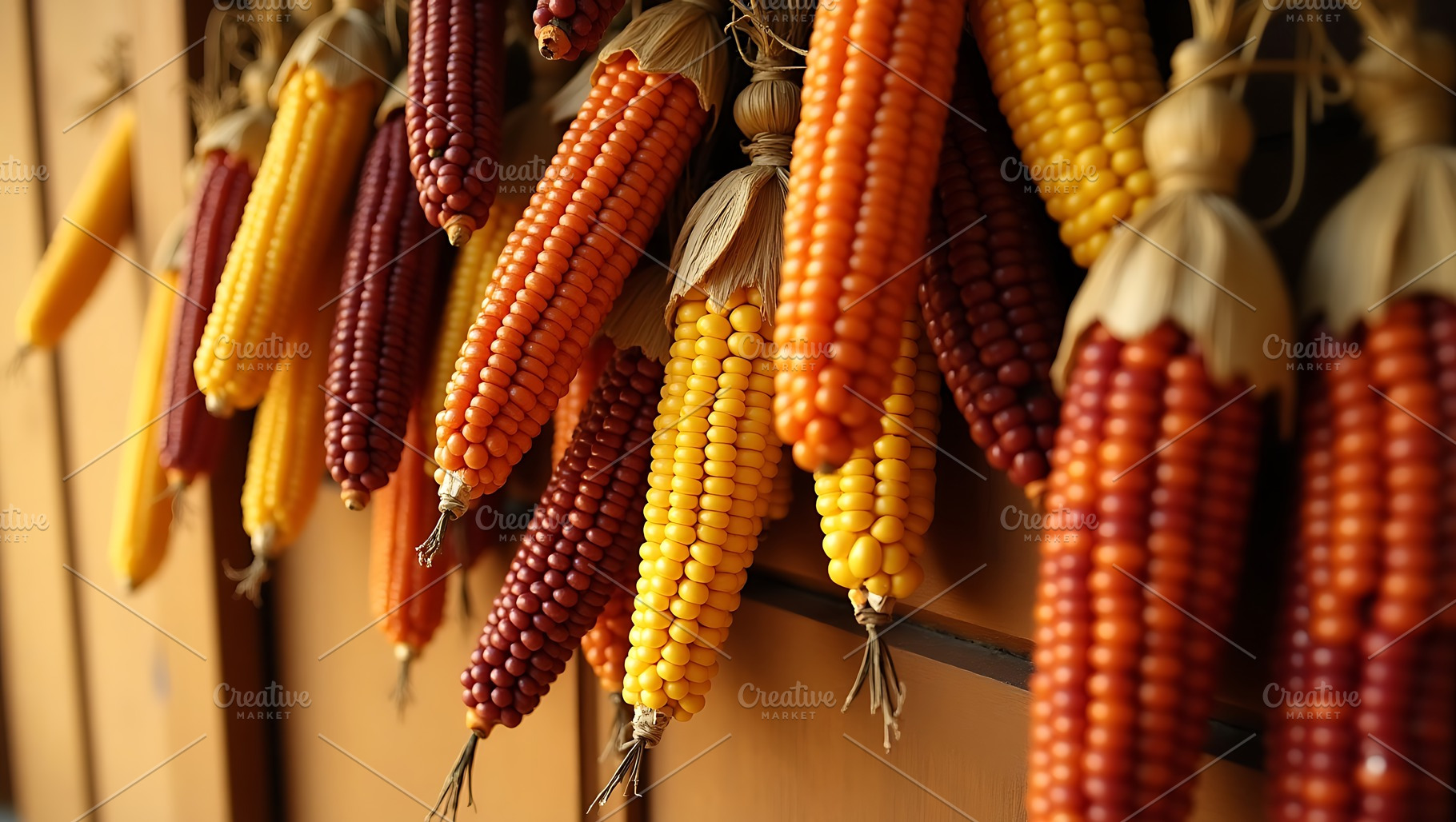 Colorful indian corn ears hanging in, a Food & Drink Photo by Artonix