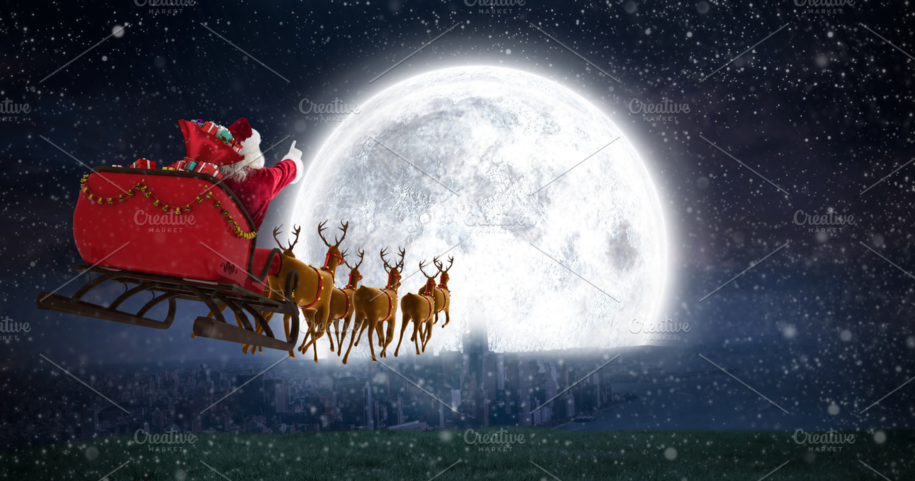 Composite image of santa claus riding on sleigh with gift box, a Background Photo by WavebreakPremium