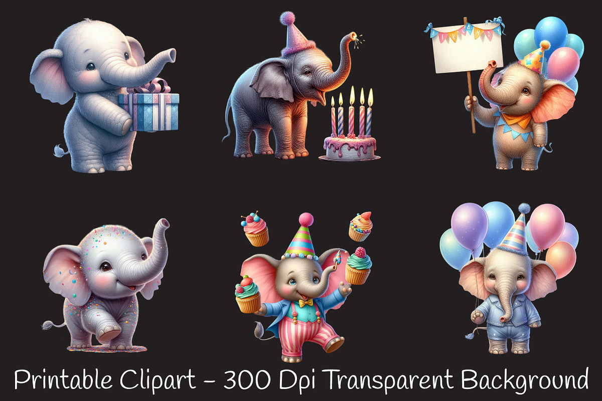 Elephant Birthday Watercolor Clipart, an Illustration by RobertsArt (Photo 4 of 8)