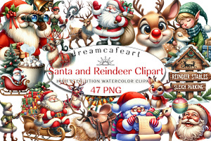 Santa Claus and his Reindeer Clipart, an Illustration by DreamCafeArt