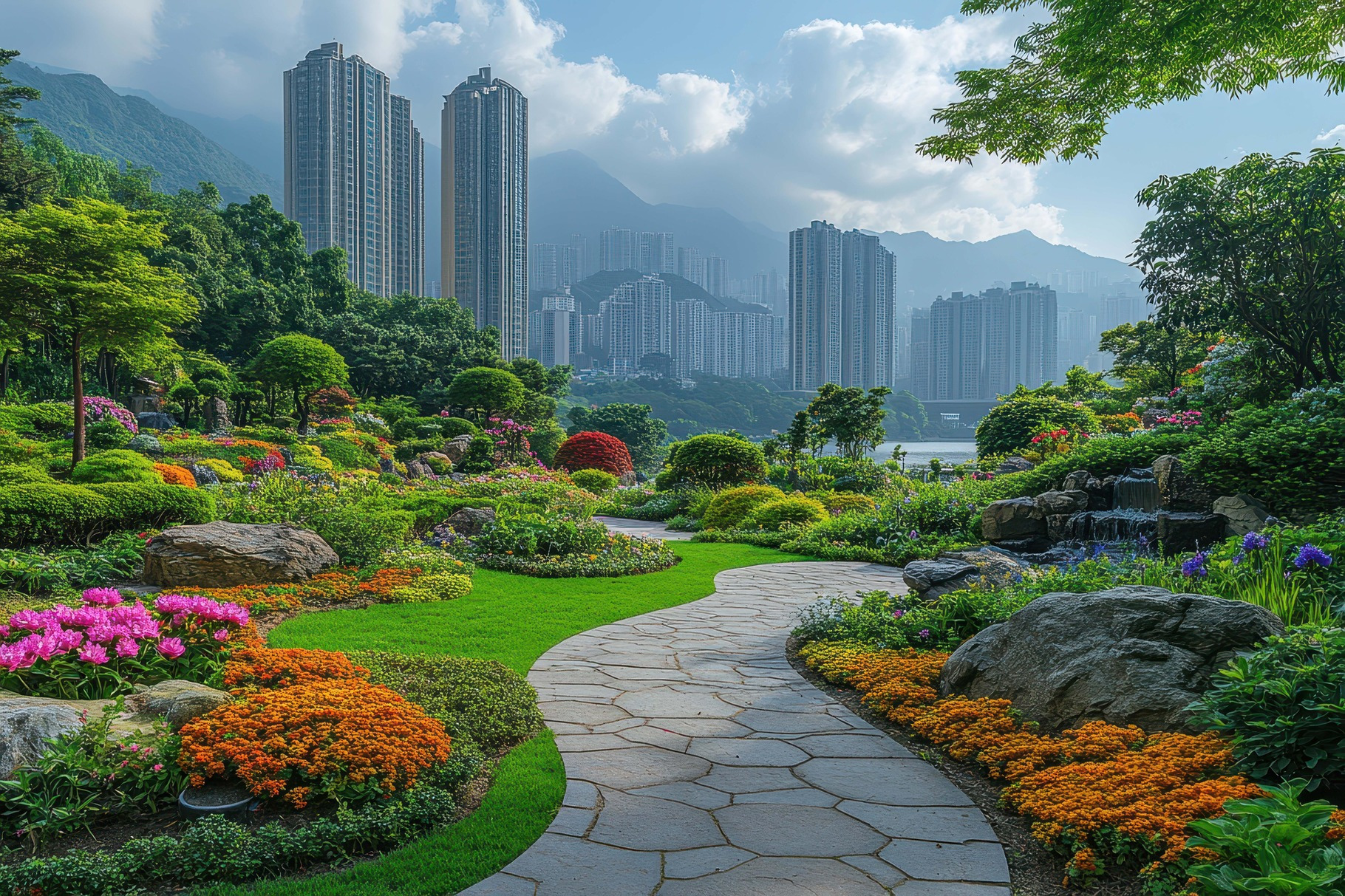 Serene urban garden with vibrant flo, a Photo by Tanuart | Creative Market Serene urban garden with vibrant flo, a Photo by Tanuart