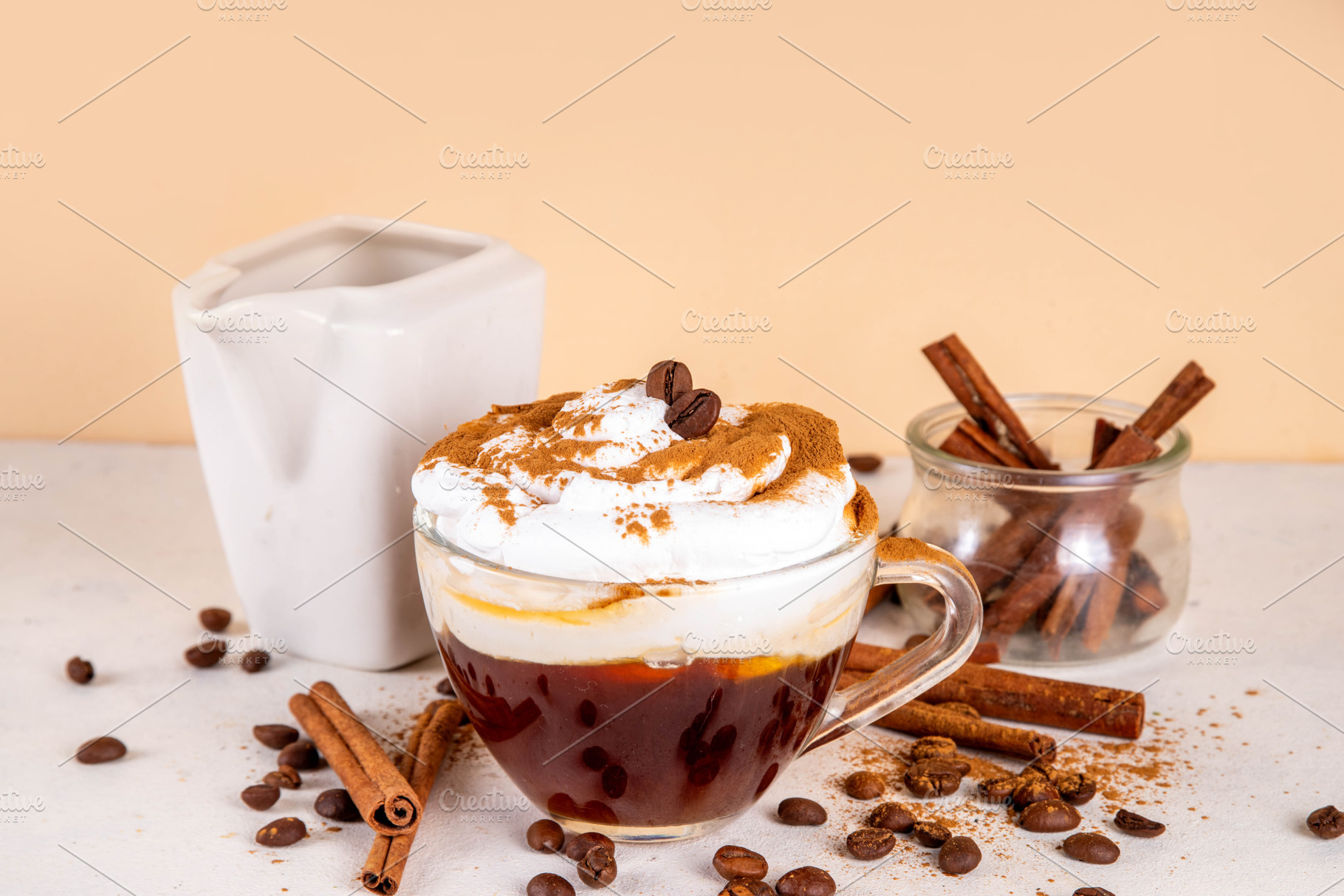 Cinnamon latte with whipped cream, a Food & Drink Photo by Rimma