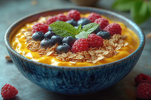 Delicious fruit-topped smoothie bowl, a Photo by Tanuart