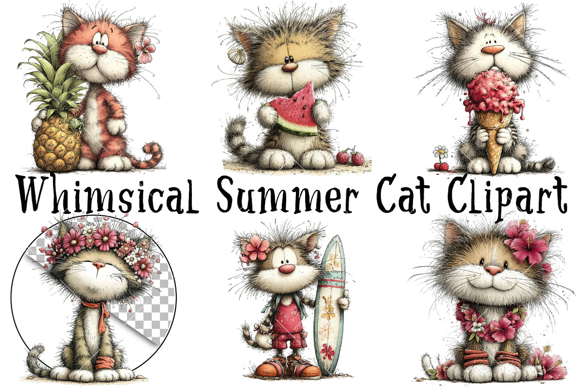 Whimsical Summer Cat Clipart, an Illustration by OK Design (Photo 2 of 6)