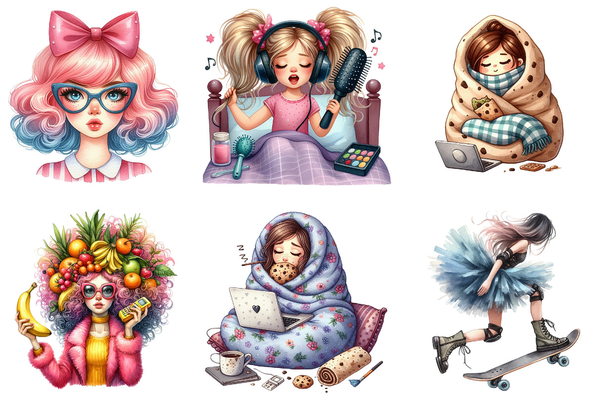 Watercolor Quirky Girl Clipart Bundl, an Illustration by DreamArtGraphic (Photo 3 of 4)