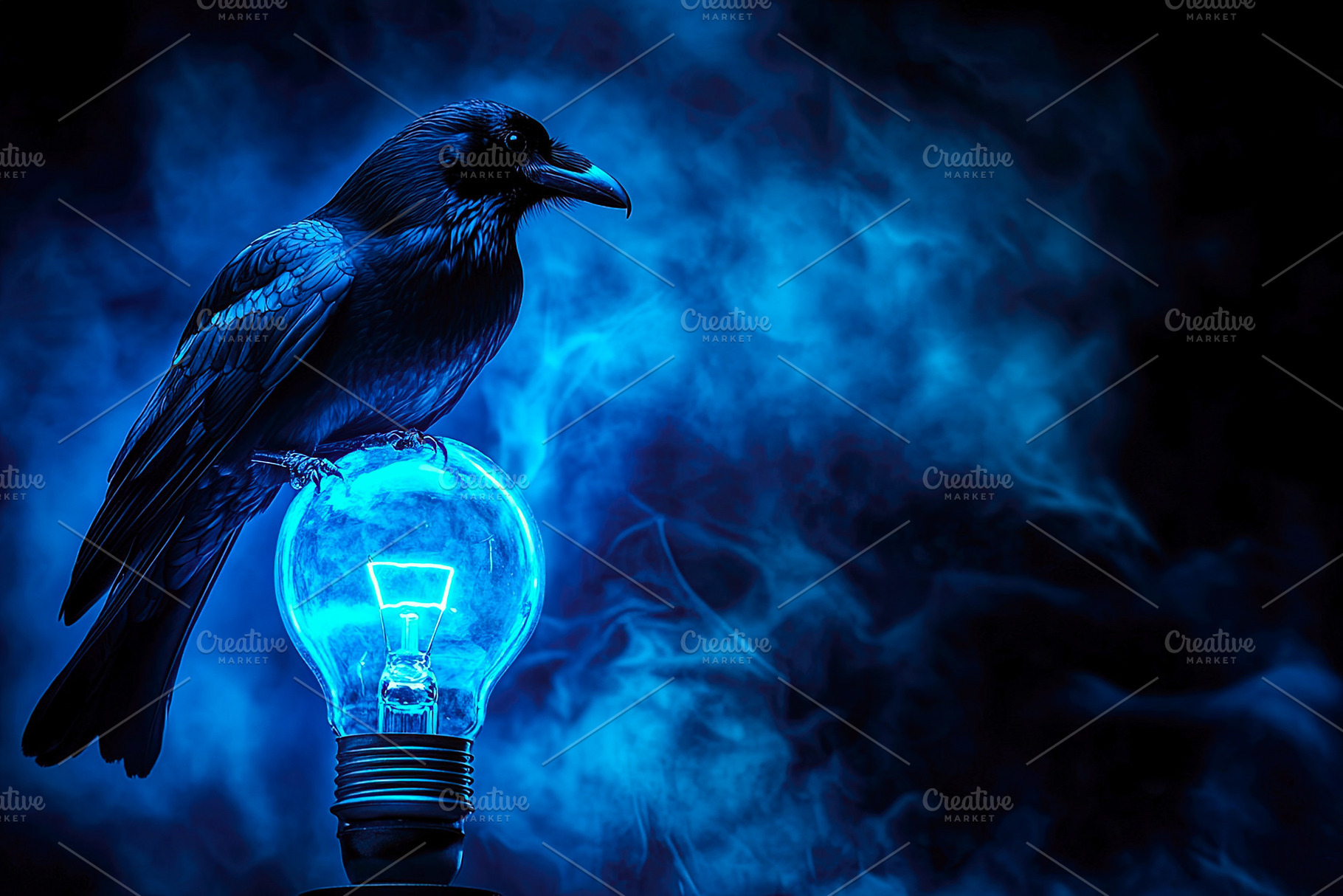 Raven on Glowing Light Bulb in Blue Smoke, an Animal Photo by Ales Munt