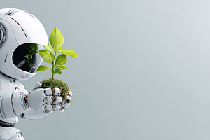 Futuristic robot holding a vibrant green plant in its hands agai, a Photo by Ales Munt