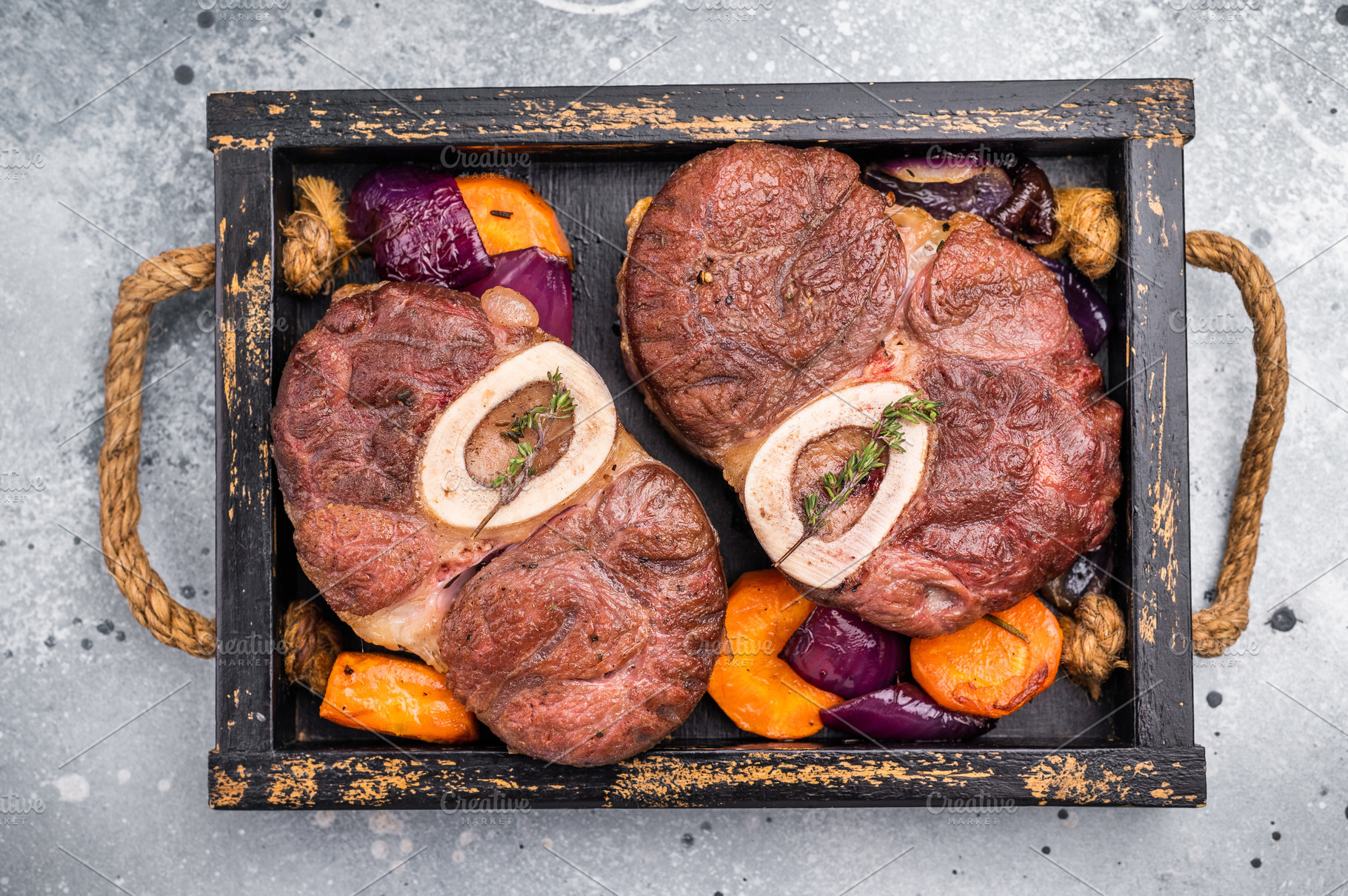 Flavorful ossobuco garnished with fresh herbs, osso buco shank i, a Food & Drink Photo by composter-box@mail.ru