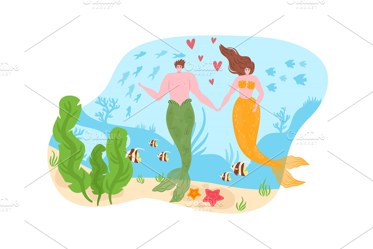 Male and female mermaids holding, an Animal Illustration by KitVector