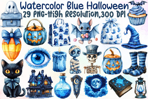 Watercolor Blue Halloween Clipart, an Illustration by Sublimation Artist
