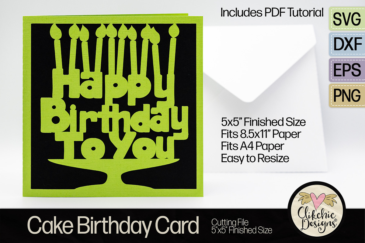 Happy Birthday Cake Card SVG Files, a Card Template by Clikchic Designs (Photo 1 of 8)