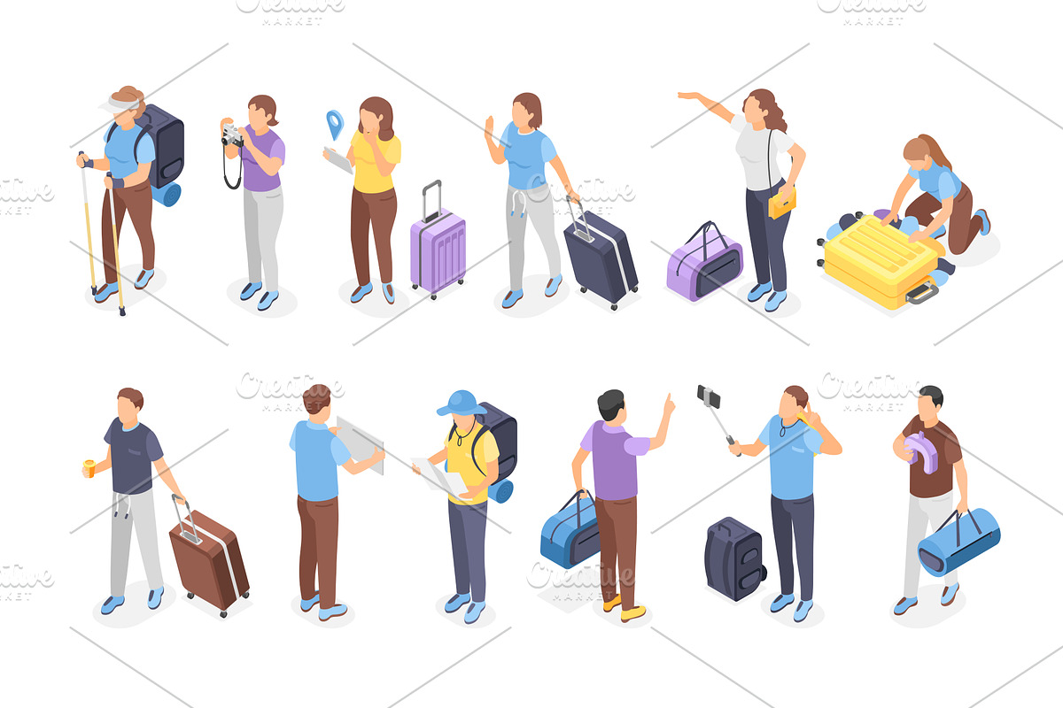 Isometric tourists with luggage, a Graphic by Valerie Bodnar