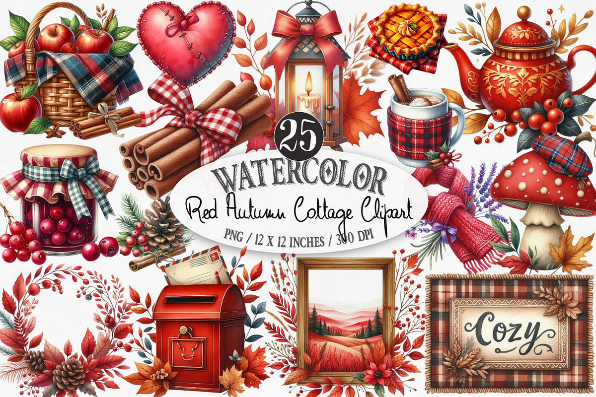 Watercolor Red Autumn Cottage PNG, an Illustration by Designking (Photo 1 of 4)