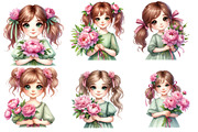 Watercolor girl With peonies Flower, an Illustration by Designworld (Thumbnail 4 of 5)