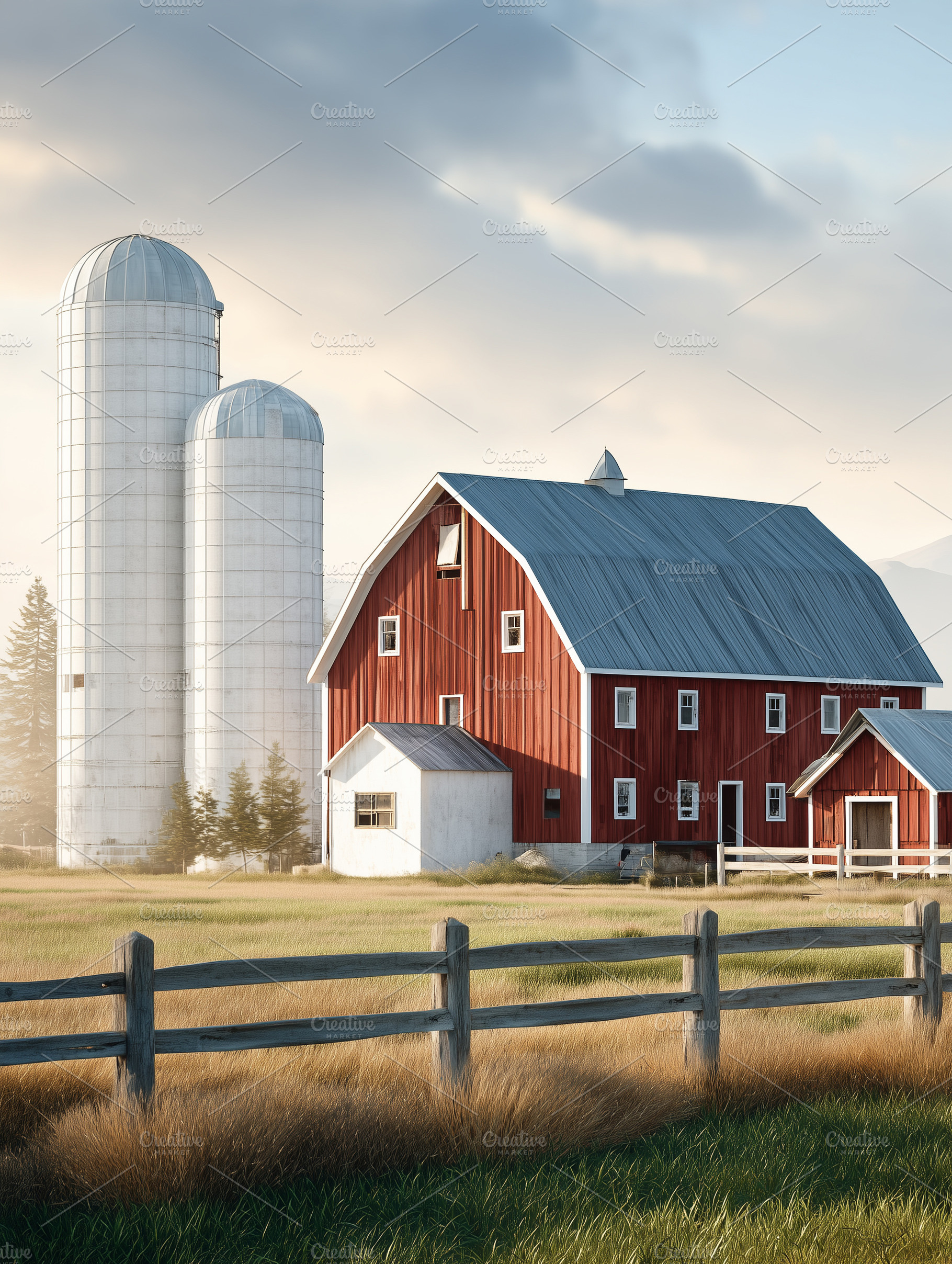 Classic red barn with tall silos on, an Industrial Photo by MistyDay