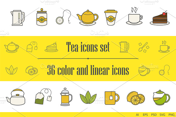 Tea Icons. 36 Color And Linear Icons