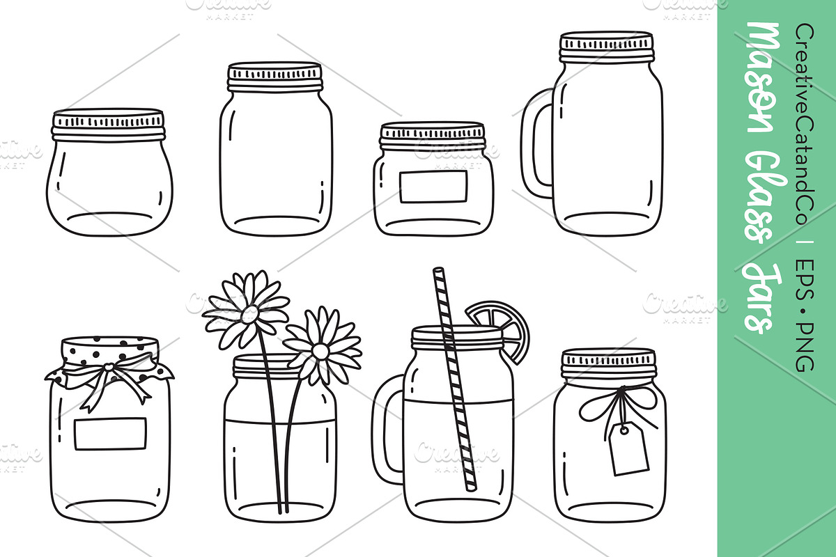 Mason Glass Jars Drawing EPS PNG, an Object Graphic by CreativeCatandCo
