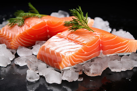 Fresh salmon fillet with ice on black background, a Food & Drink Photo by AlyaAnd