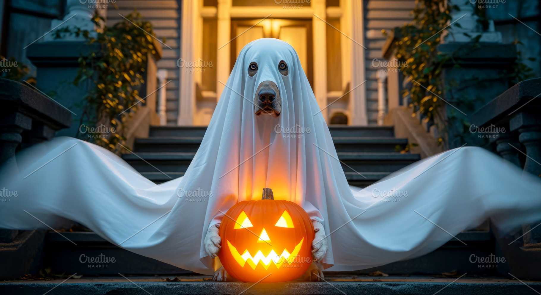 Cute dog ghost Halloween pumpkin, a Photo by LiliGraphie