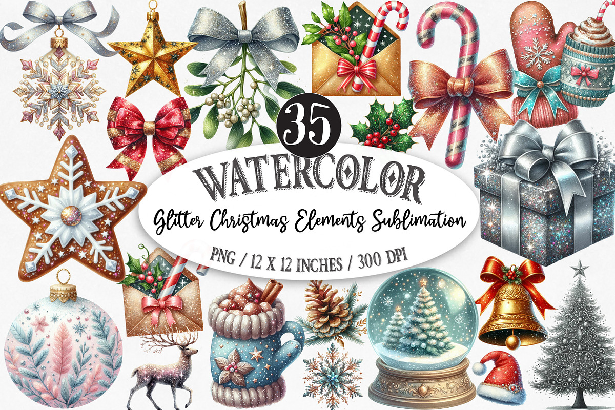 Glitter Christmas Elements Clipart, an Illustration by Designking (Photo 1 of 5)