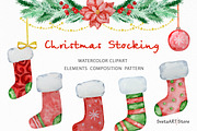 Watercolor Christmas Stocking Set, a Seasonal Illustration by SvetaArtStore (Thumbnail 1 of 10)