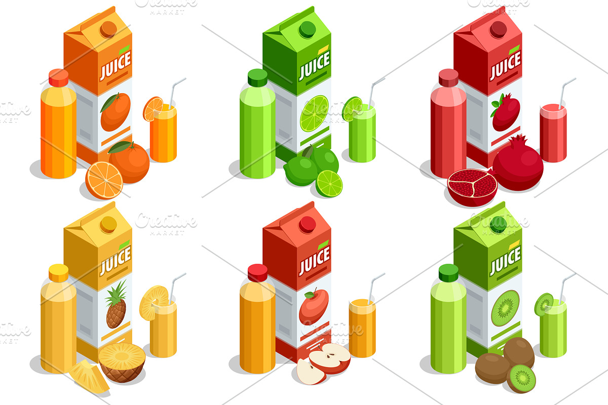 Isometric vector set of fruit juice, a Food Illustration by Golden Sikorka
