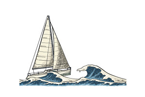 Sailing ship sails in stormy sea