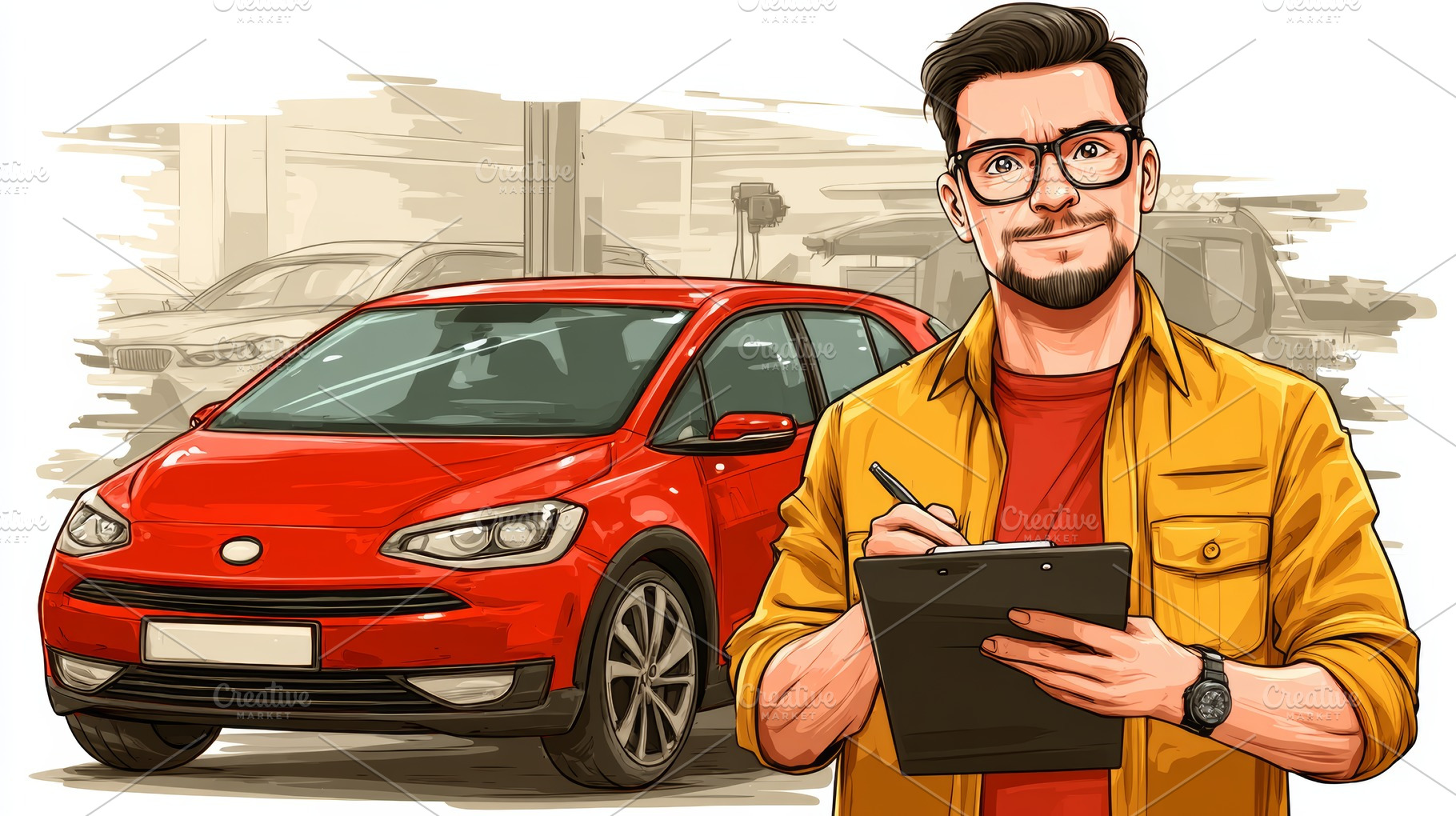 Man inspecting a red car with clipboard in an auto showroom setting, a Photo by AS photostudio