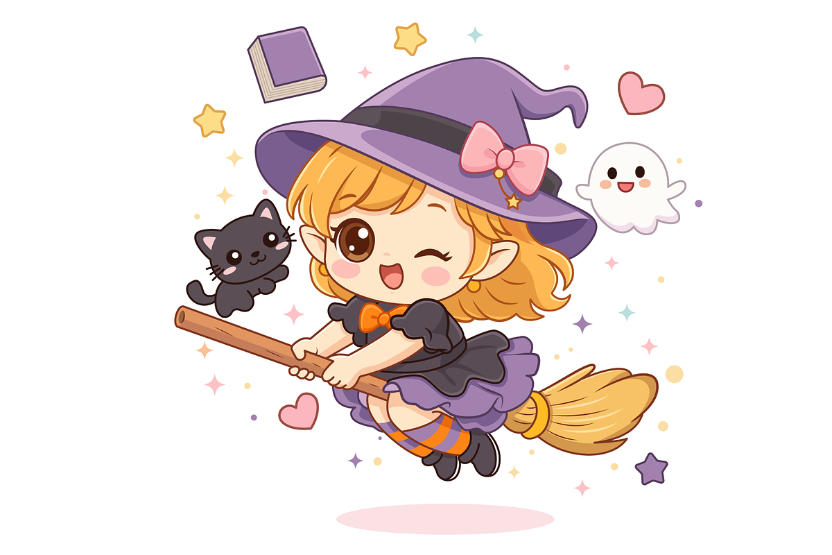 Chibi Witch Flying on Broomstick, a Person Illustration by Artpon Illustration (Photo 1 of 4)