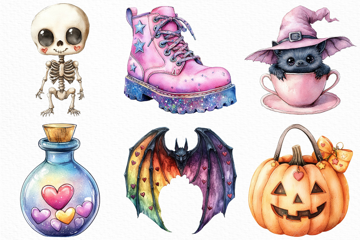 Watercolor Kawaii Halloween Clipart, an Illustration by Craft Nest (Photo 2 of 6)