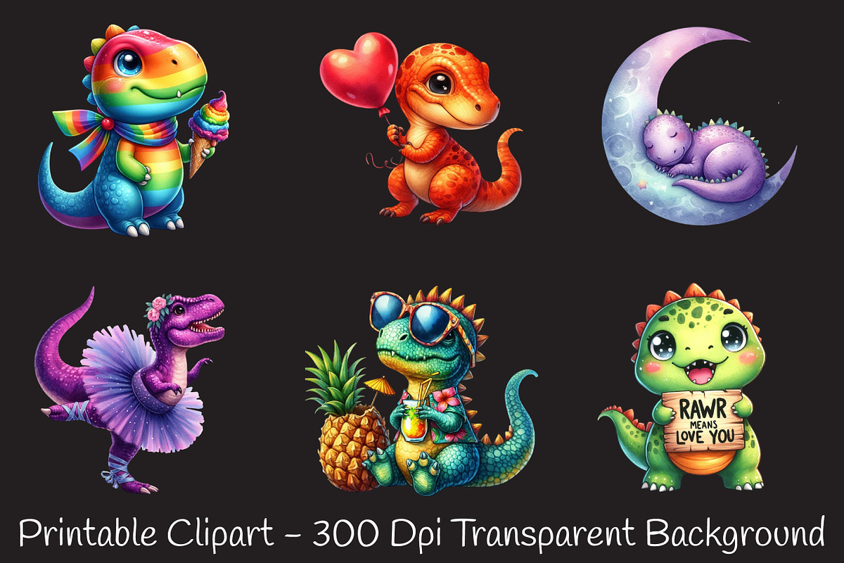 Kawaii Dinosaurs Watercolor Clipart, an Illustration by RobertsArt (Photo 7 of 7)