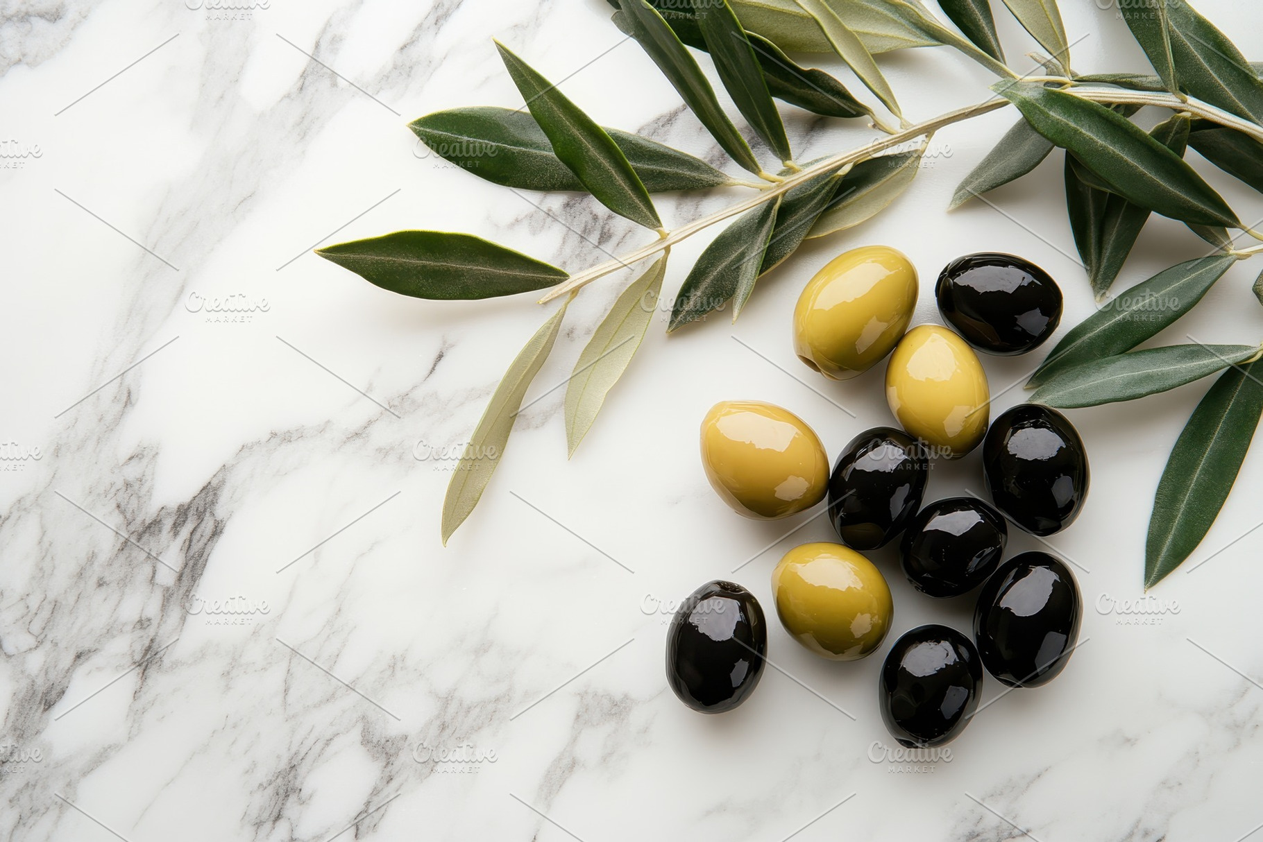 Olives arranged on a marble surface, a Photo by Pavel_design