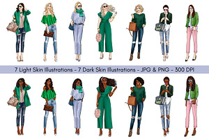 Girls In Green 3 Fashion Clipart Set