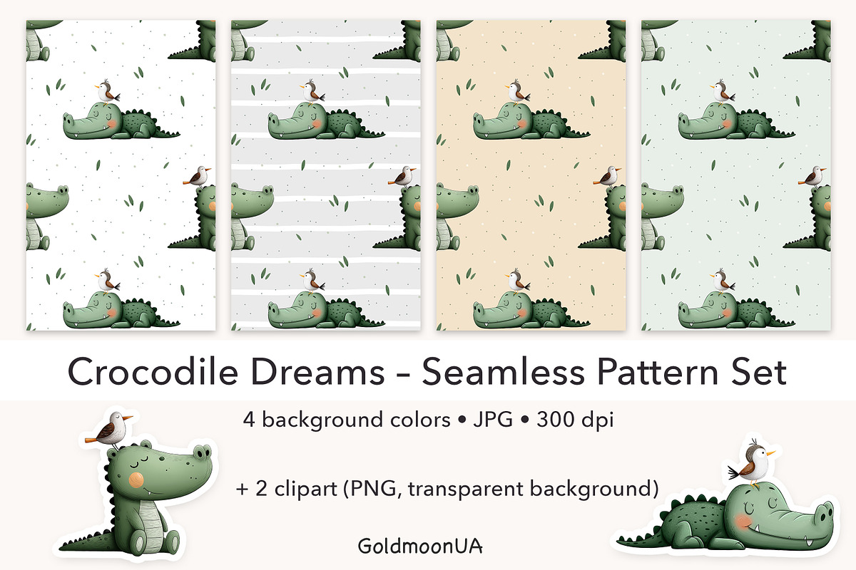 Crocodile Dreams Patterns & Clipart, an Animal Illustration by GoldmoonUA (Photo 1 of 5)