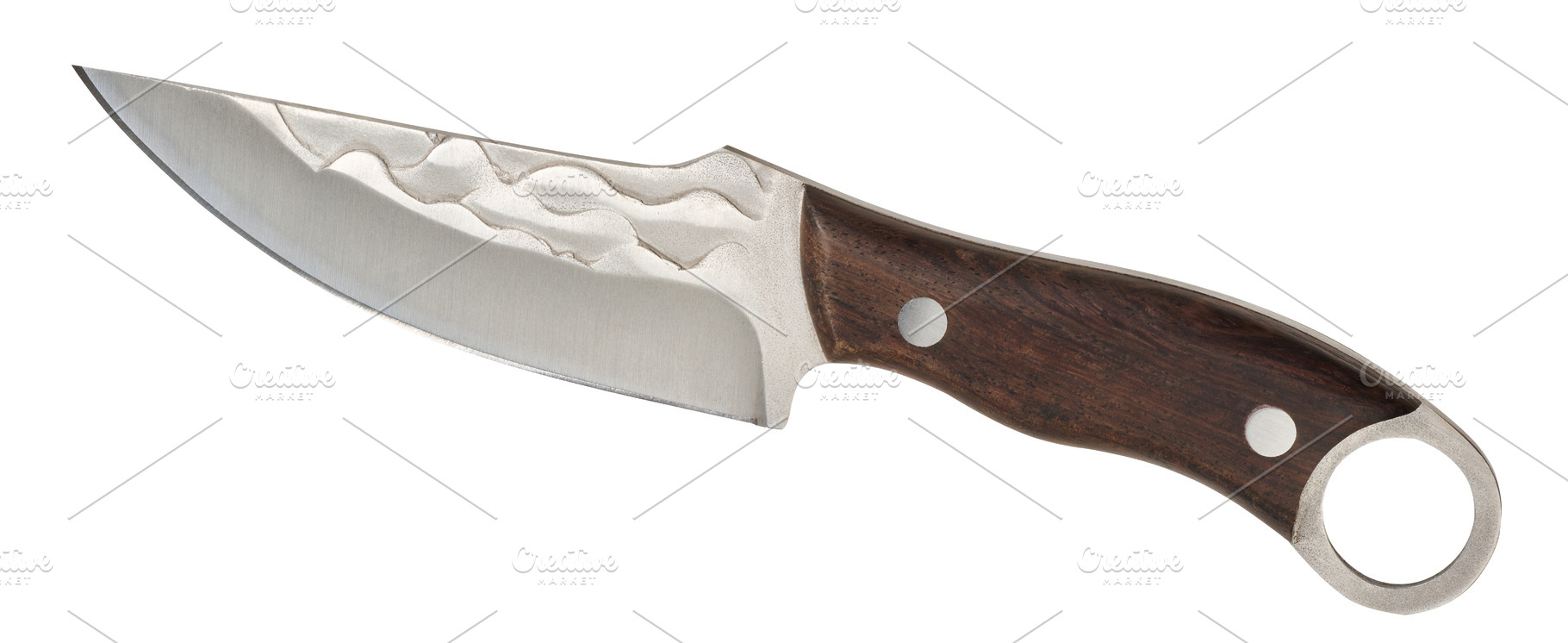 Tactical knife with wooden handle, ring and forged pattern on th, an Industrial Photo by ndanko