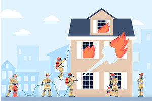 House on fire and firefighters in, a Graphic by LadadikArt